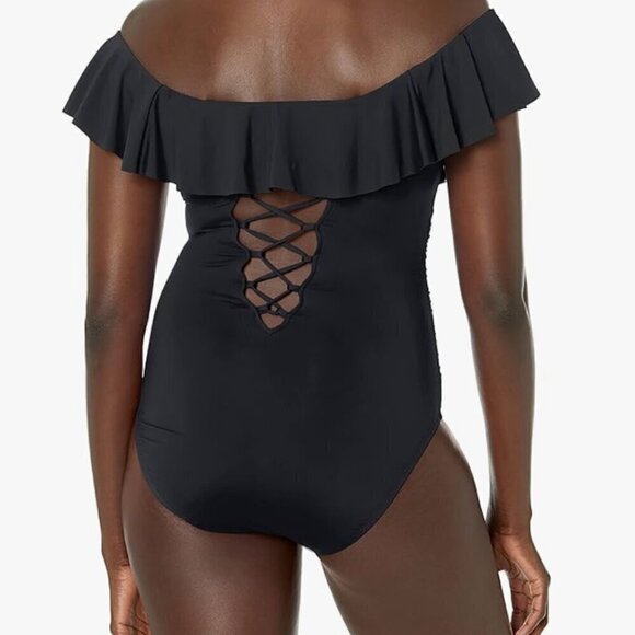 LA BLANCA Island Goddess Black Off the Shoulder Ruffle One Piece Swimsuit 16 - Picture 4 of 15